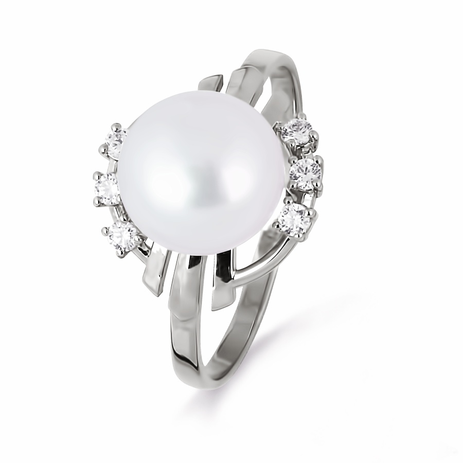 Inel din aur alb cu pietre Cubic Zirconia Incolor, Perla Albă