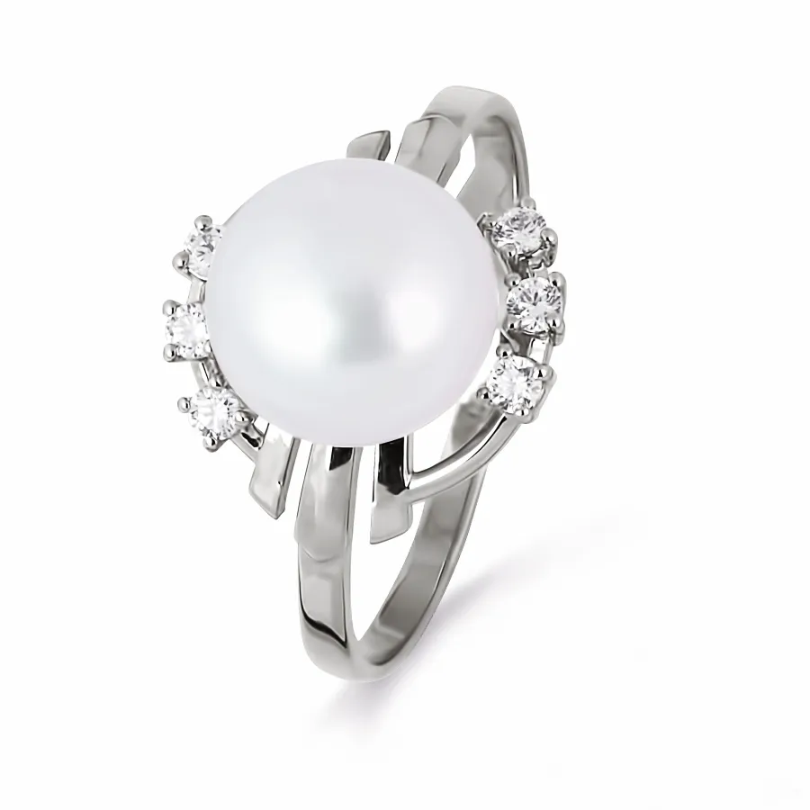 Inel din aur alb cu Cubic Zirconia Incolor, Perla Albă