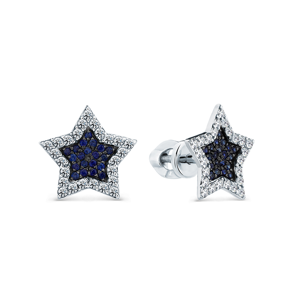 Cercei Pusete din aur alb cu pietre Diamant, Safir