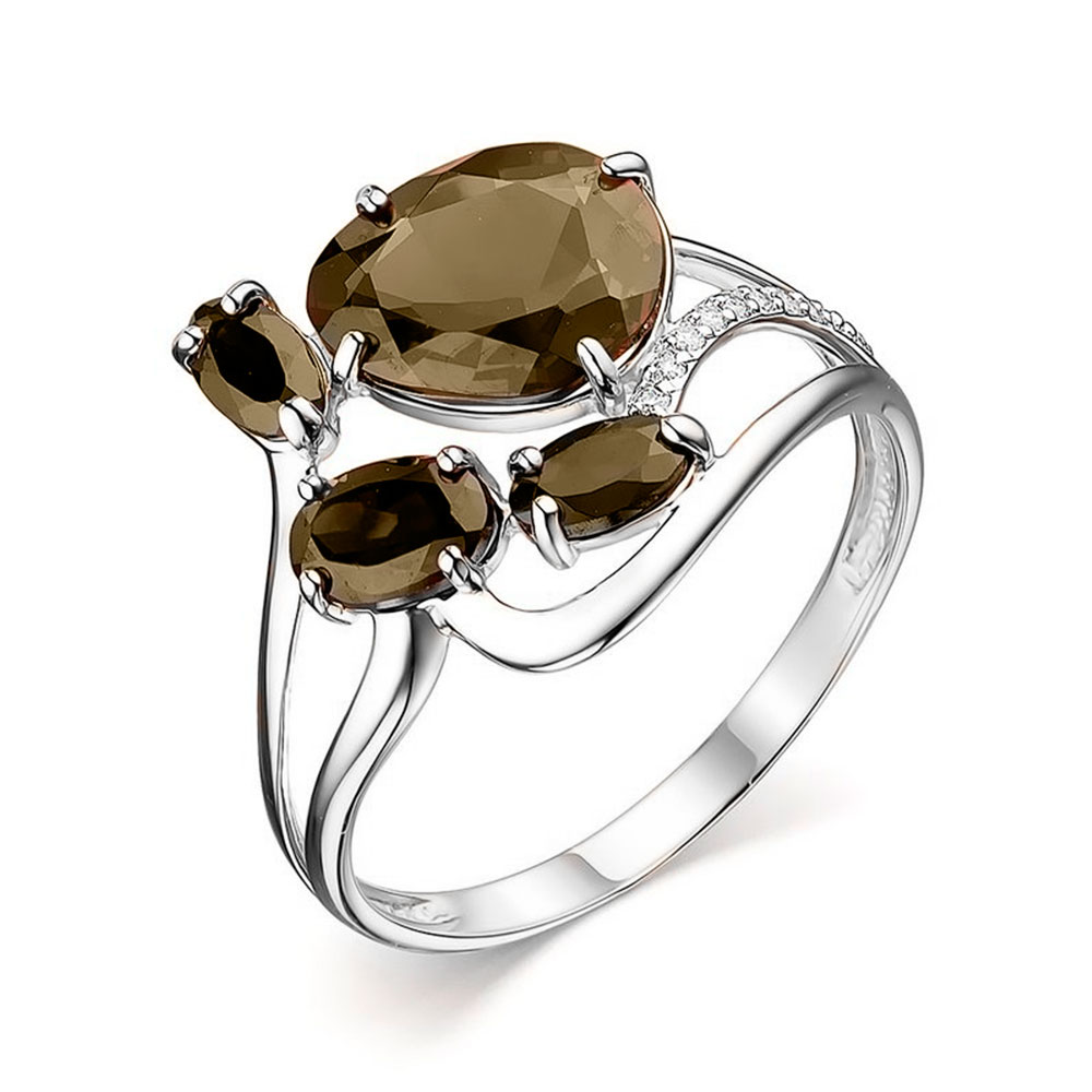 Inel din aur alb cu pietre Cubic Zirconia Incolor, Cuarț fumuriu