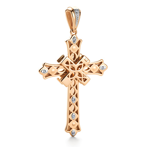 Крестик из красного золота с камнями Бриллиант