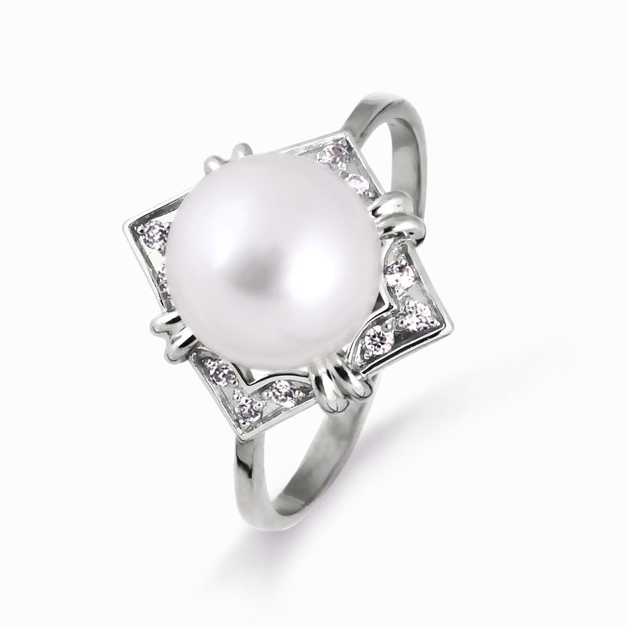 Inel din aur alb cu pietre Cubic Zirconia Incolor, Perla Albă