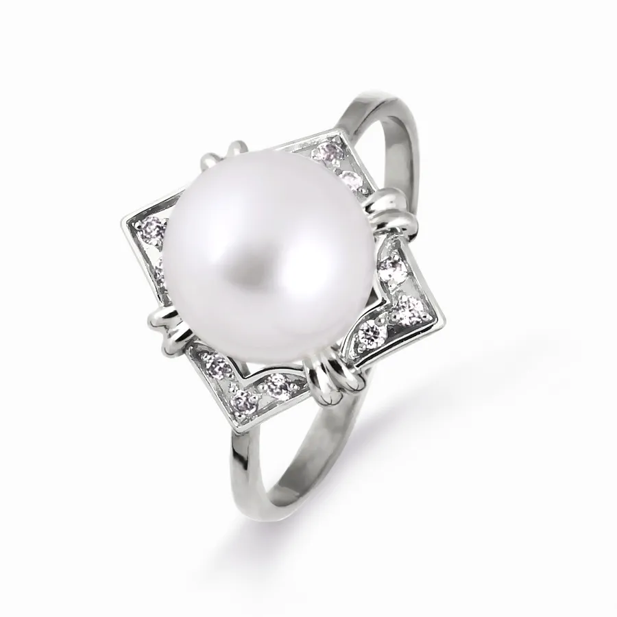 Inel din aur alb cu Cubic Zirconia Incolor, Perla Albă