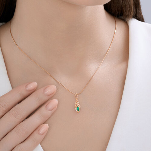 Подвеска из красного золота с камнями Бриллиант, Изумруд гидротермальный