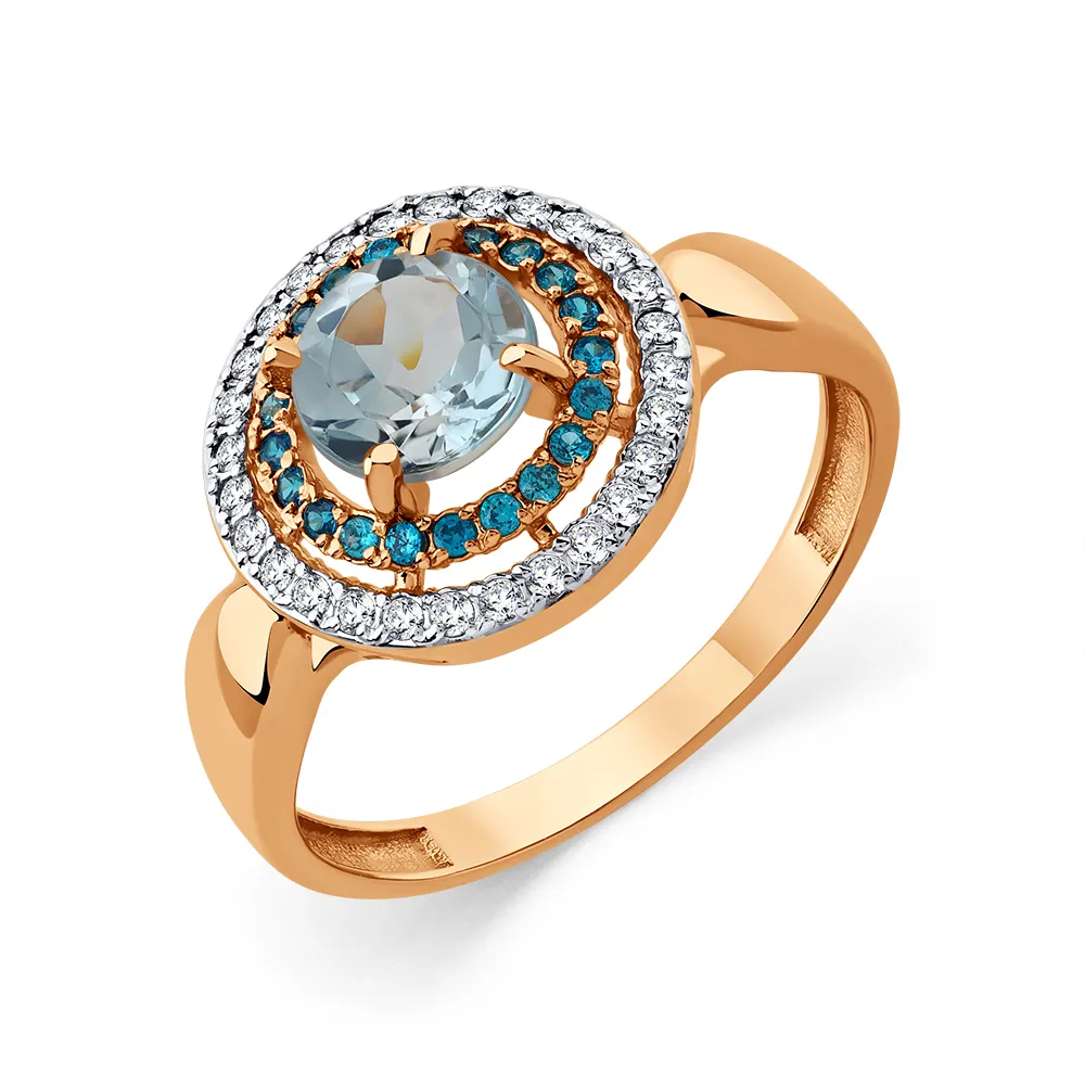 Inel din aur roșu cu Cubic Zirconia Incolor, Cubic Zirconia Albastru și Topaz