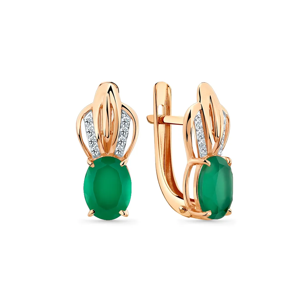 Cercei din aur roșu cu Cubic Zirconia Incolor, Agat verde