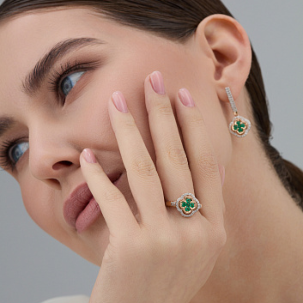 Inel din aur roșu cu pietre Diamant, Smarald