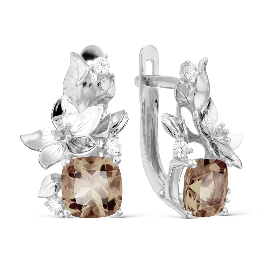 Серьги из белого золота с камнями Фианит, Кварц дымчатый