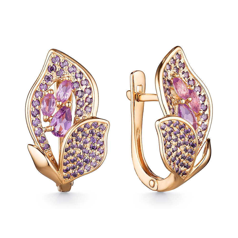 Cercei din aur roșu cu pietre Cubic Zirconia Liliachiu, Ametist