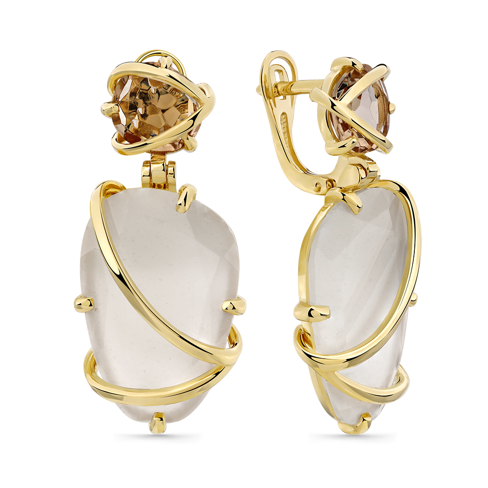 Cercei Suspendați din aur galben cu pietre Piatra Lunii, Cuarț lemon