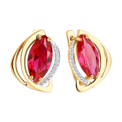 Серьги из красного золота с камнями Фианит, Корунд в цвете рубина