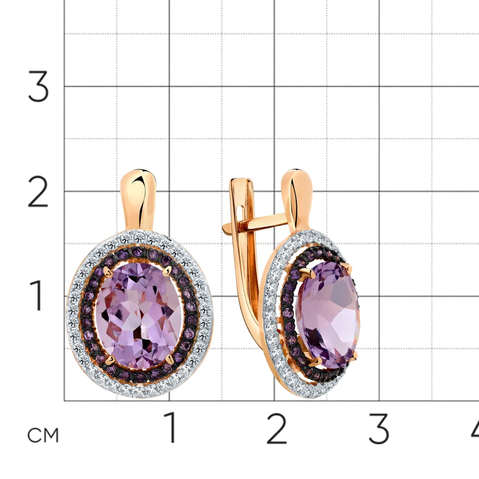 Серьги из красного золота с камнями Фианит, Фианит Сиреневый и Аметист