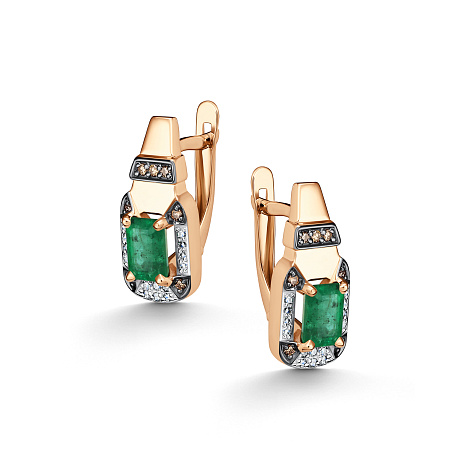 Серьги из красного золота с камнями Бриллиант, Бриллиант коньяк и Изумруд