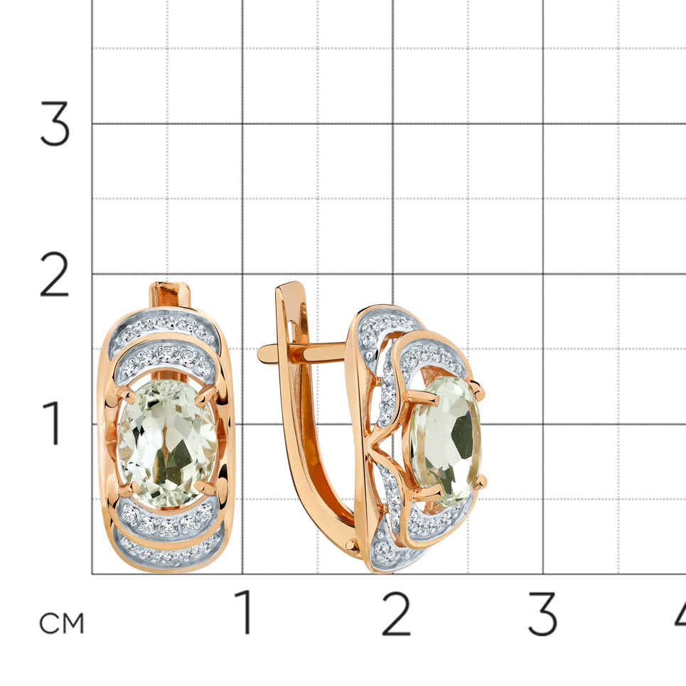 Серьги из красного золота с камнями Фианит, Празиолит