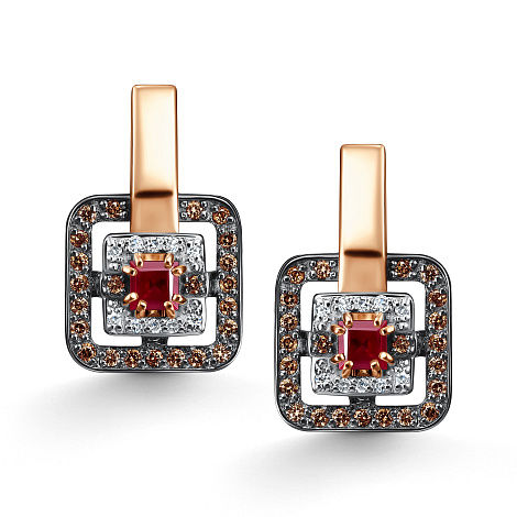 Cercei din aur roșu cu pietre Diamant, Diamant Cognac și Rubin