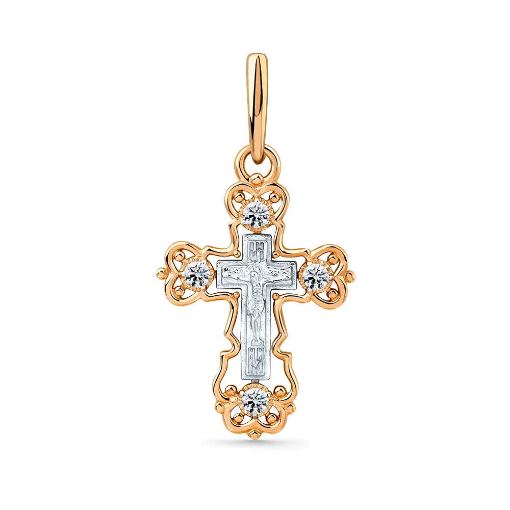 Cruce din aur alb și roșu cu Cubic Zirconia Incolor