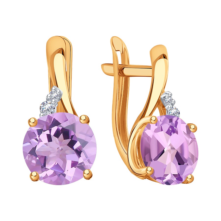 Серьги из красного золота с камнями Фианит, Аметист