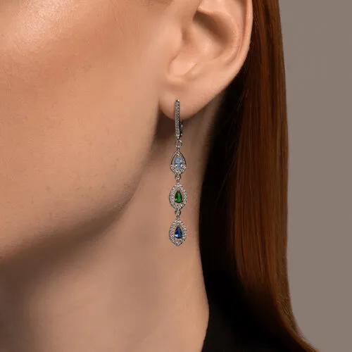 Cercei Suspendați din argint cu Cubic Zirconia Incolor, Cubic Zirconia Verde și Cubic Zirconia Albastru