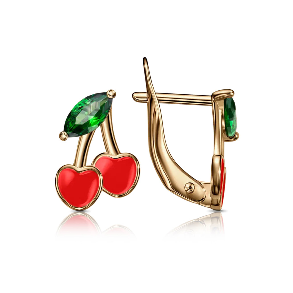 Cercei p-u copii din aur roșu cu pietre Cubic Zirconia Verde, Emailare