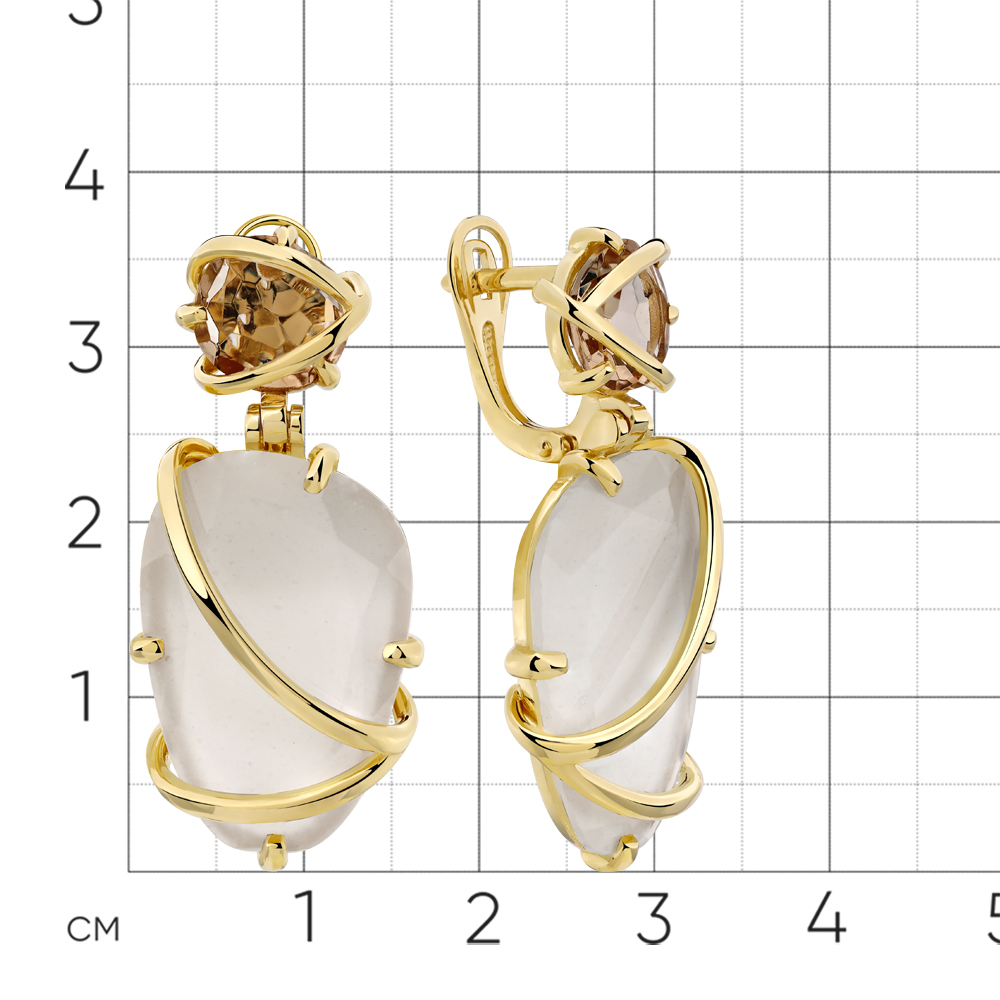 Cercei Suspendați din aur galben cu pietre Piatra Lunii, Cuarț lemon