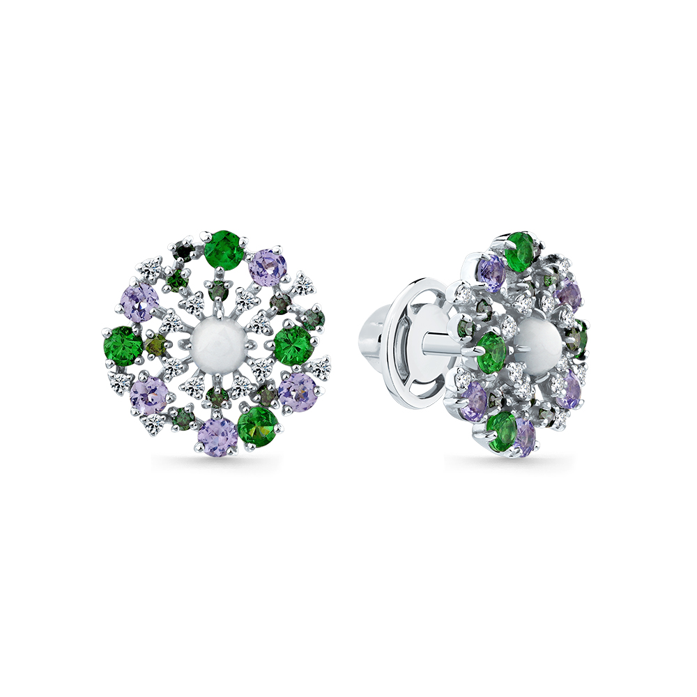 Cercei Pusete din aur alb cu pietre Diamant, Diamant verde și Tanzanit