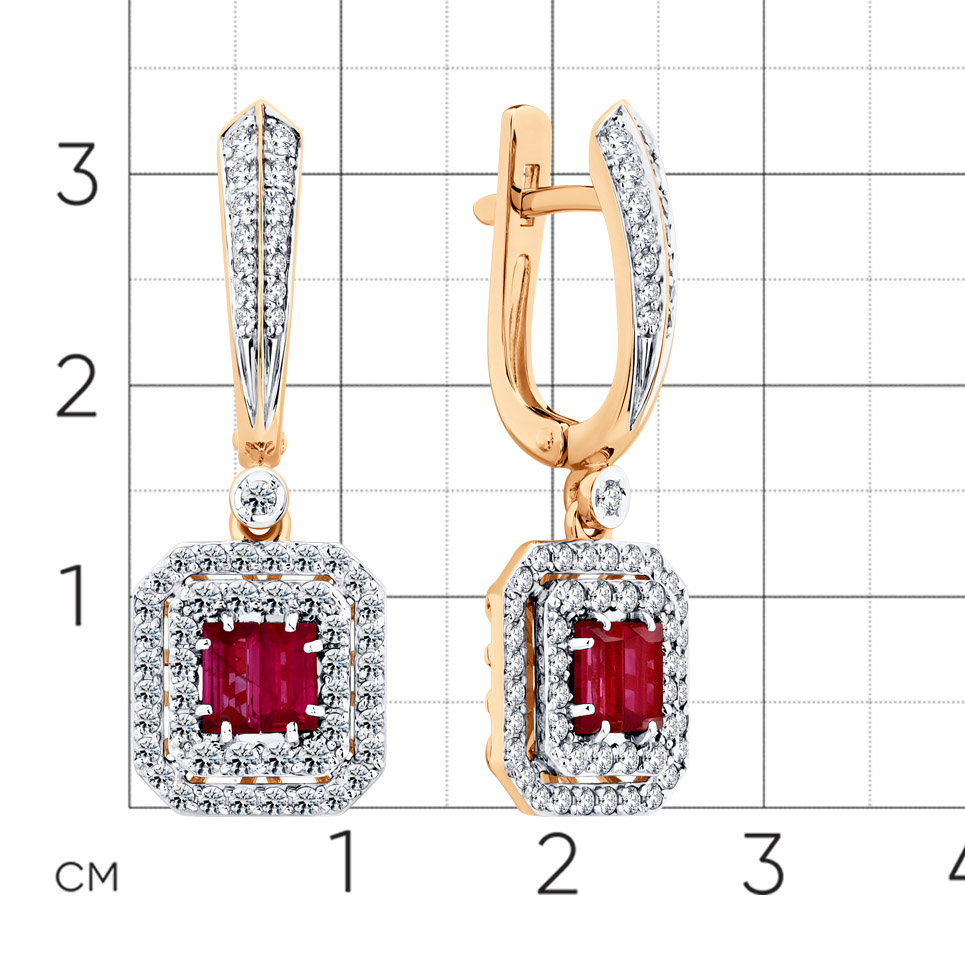 Серьги Длинные из красного золота с камнями Бриллиант, Рубин