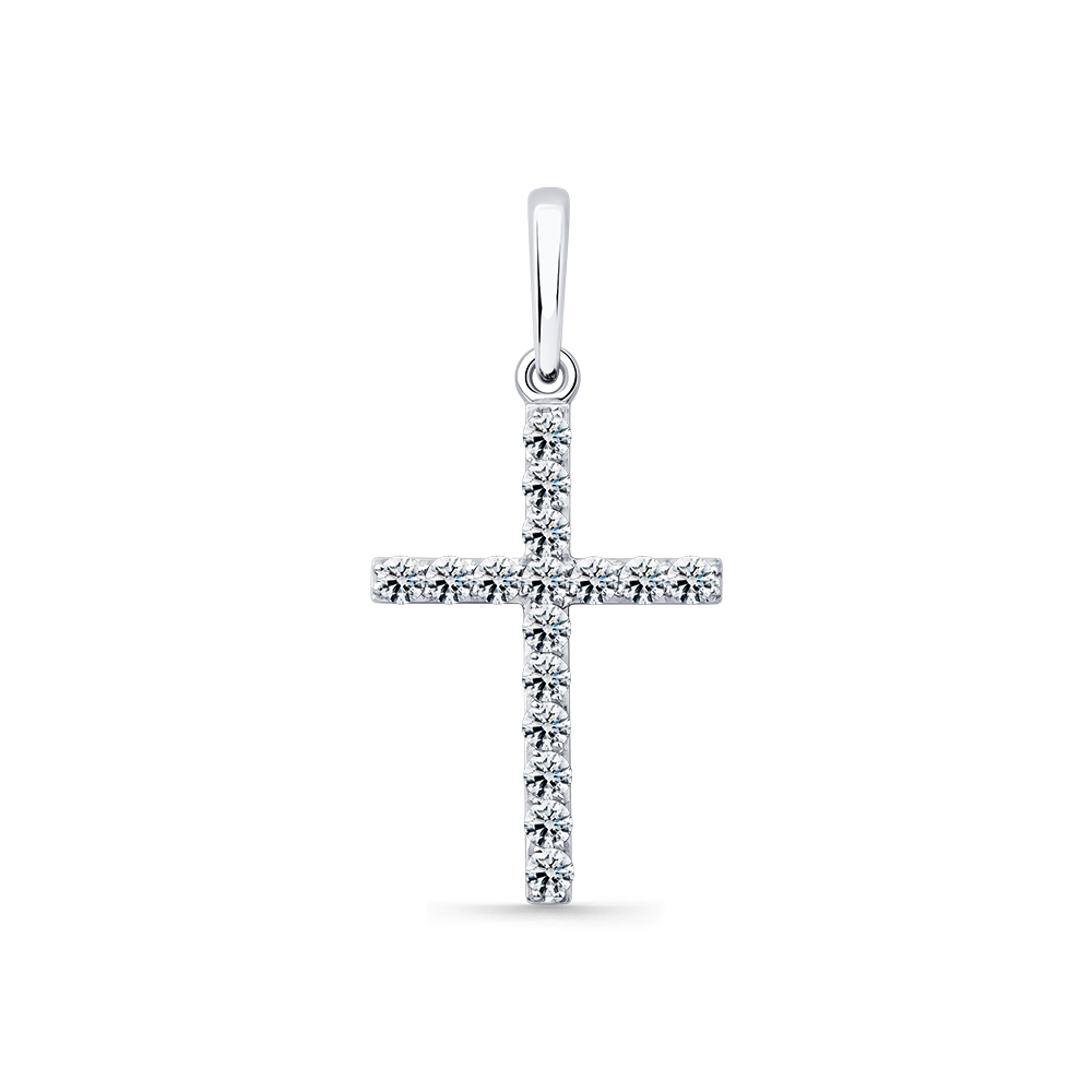 Крестик из белого золота с камнями Бриллиант