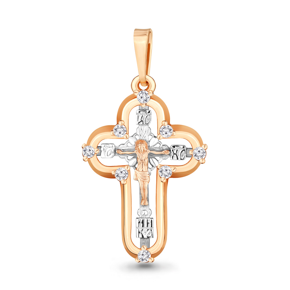 Cruce din aur roșu cu pietre Cubic Zirconia Incolor
