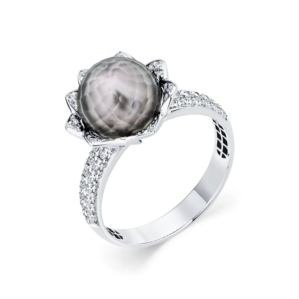 Inel din aur alb cu Diamant, Perla de mare Neagră