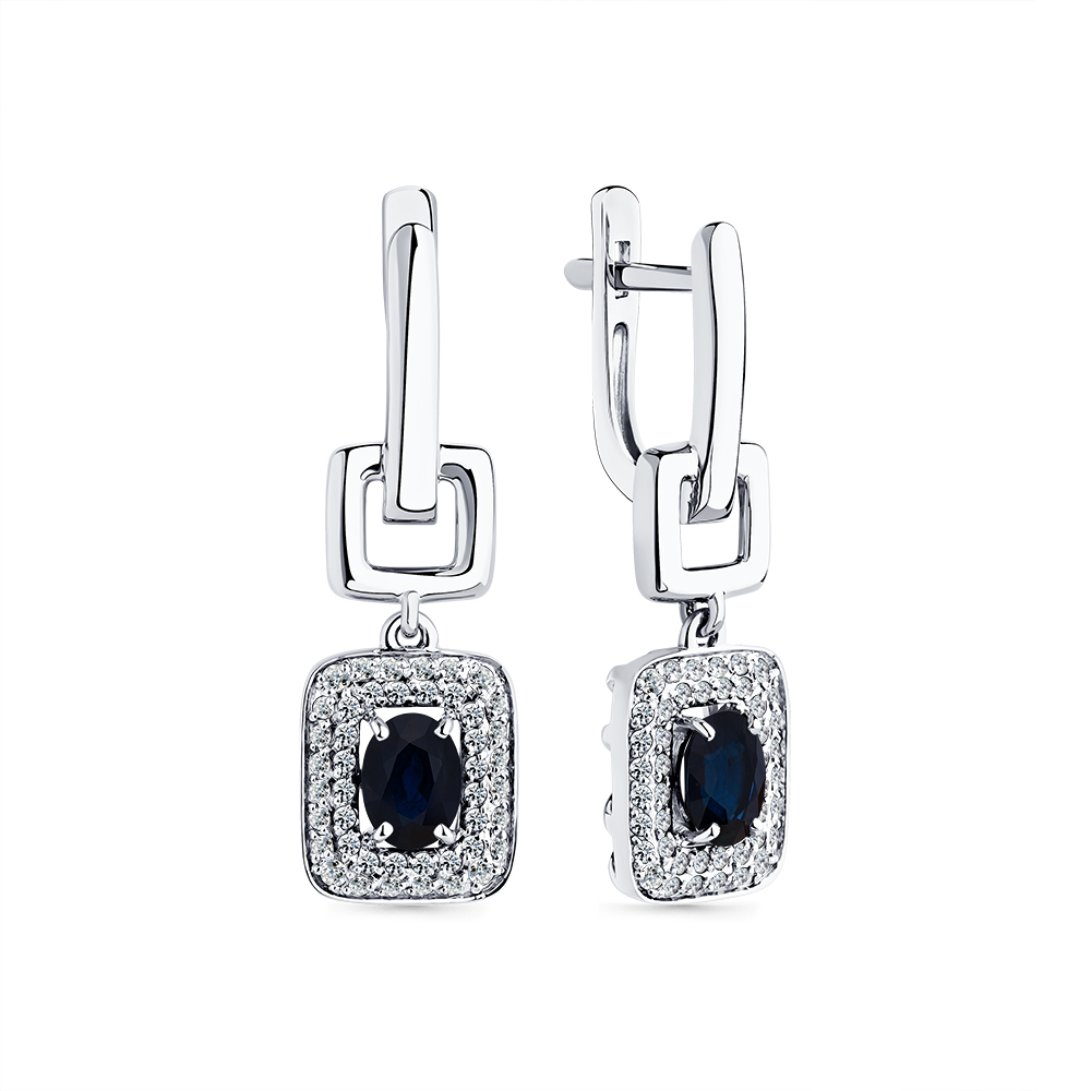 Cercei Suspendați din aur alb cu pietre Diamant, Safir