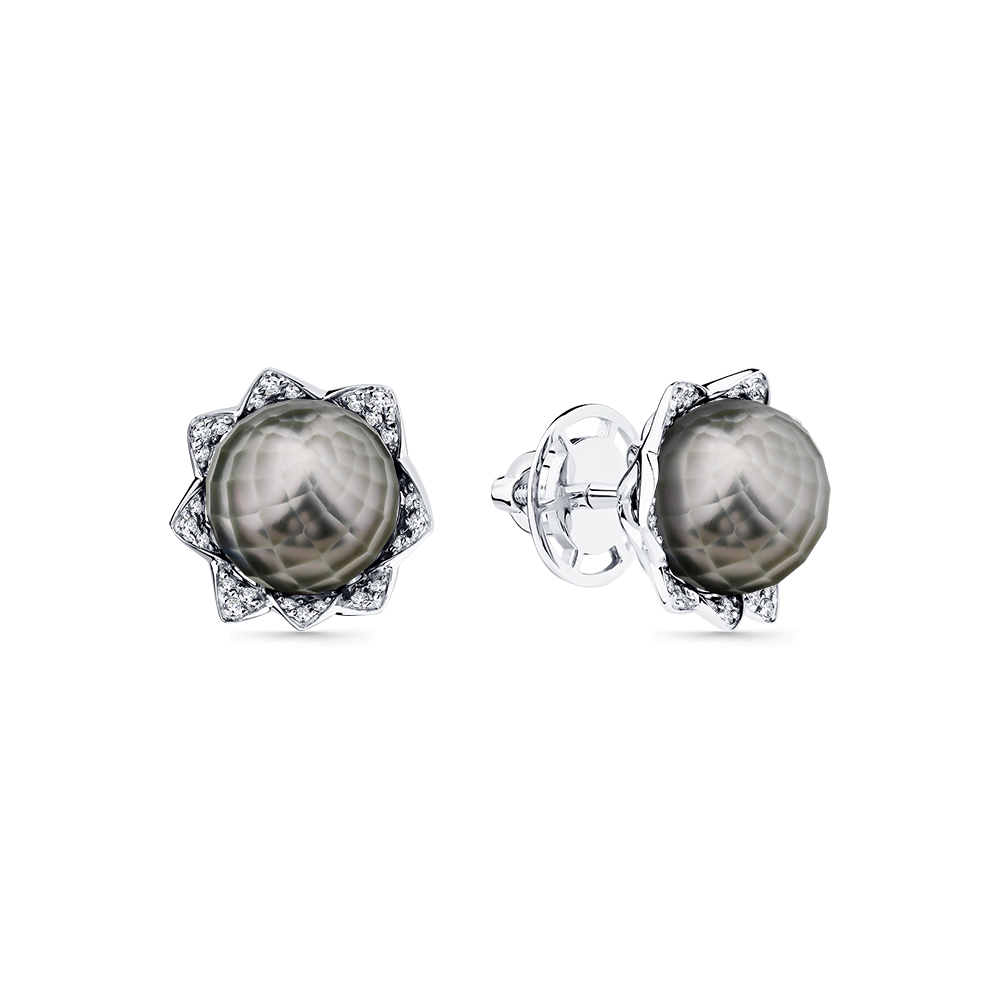 Cercei Pusete din aur alb cu pietre Diamant, Perla de mare Neagră