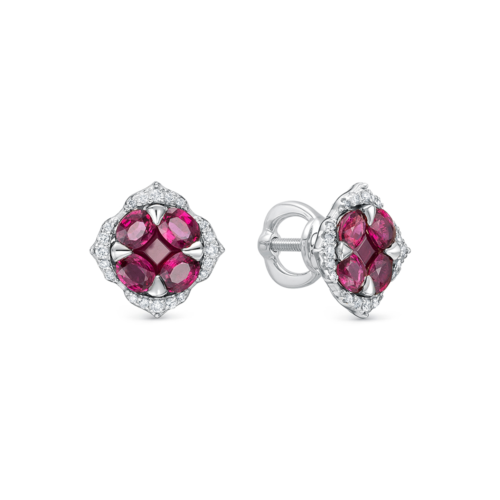 Cercei Pusete din aur alb cu pietre Diamant, Rubin