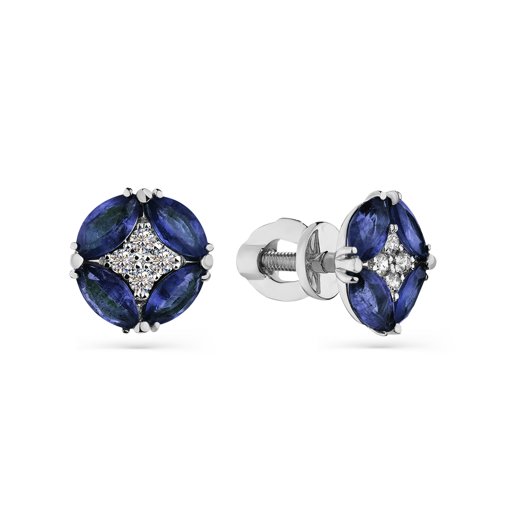 Серьги Пусеты из белого золота с камнями Бриллиант, Сапфир