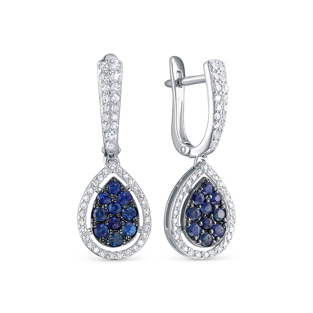 Cercei Suspendați din aur alb cu pietre Diamant, Safir