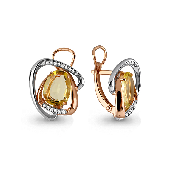 Серьги из серебра с камнями Фианит, Кварц лимон