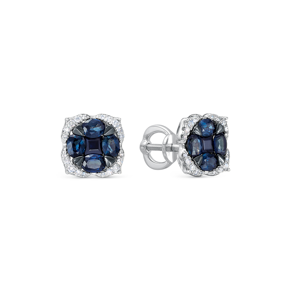 Cercei Pusete din aur alb cu pietre Diamant, Safir
