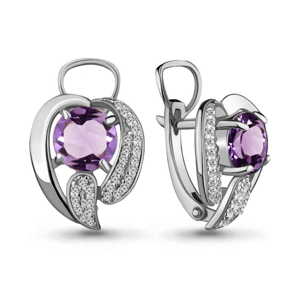 Серьги из серебра с камнями Фианит, Аметист