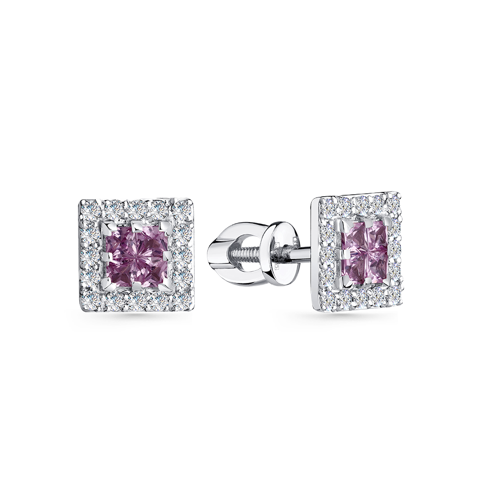 Cercei Pusete din aur alb cu pietre Diamant, Safir roz