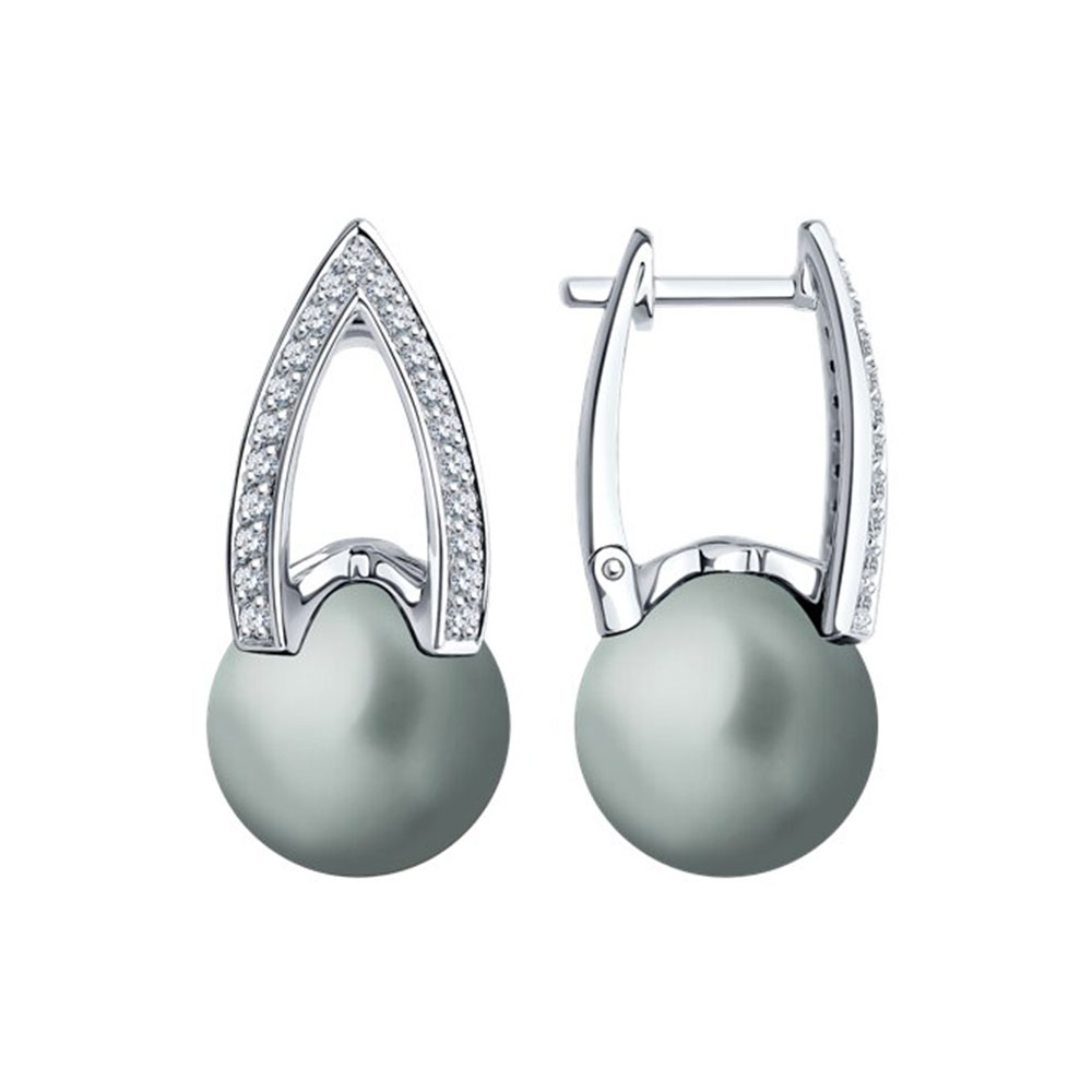 Cercei din aur alb cu pietre Diamant, Perla de mare  Gri
