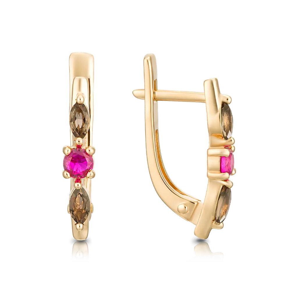 Серьги из красного золота с камнями Корунд в цвете рубина, Кварц дымчатый