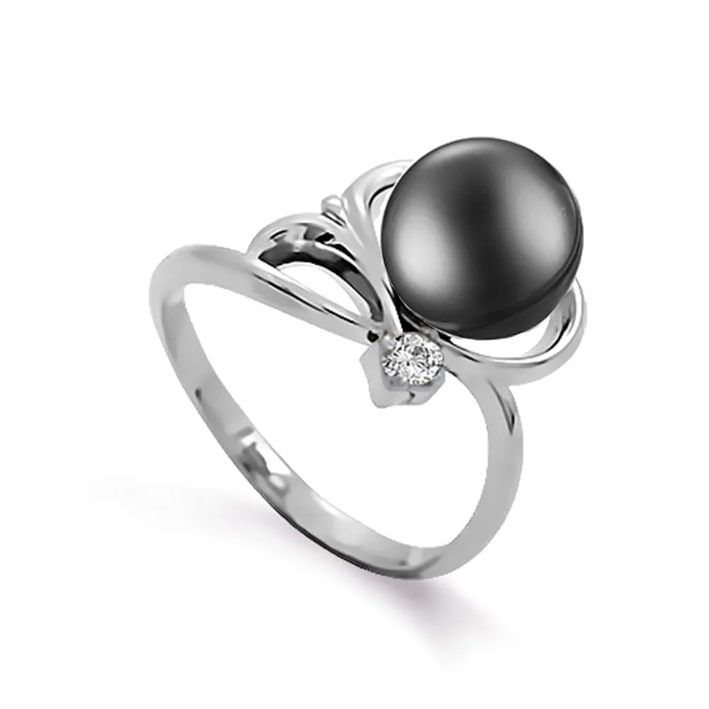 Inel din aur alb cu Cubic Zirconia Incolor, Perla neagră