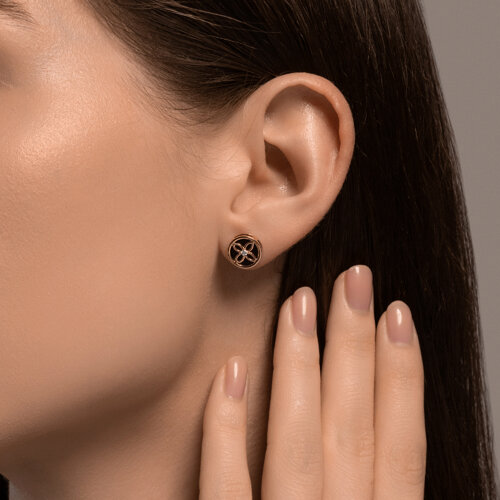 Серьги Пусеты из красного золота с камнями Фианит, Агат черный