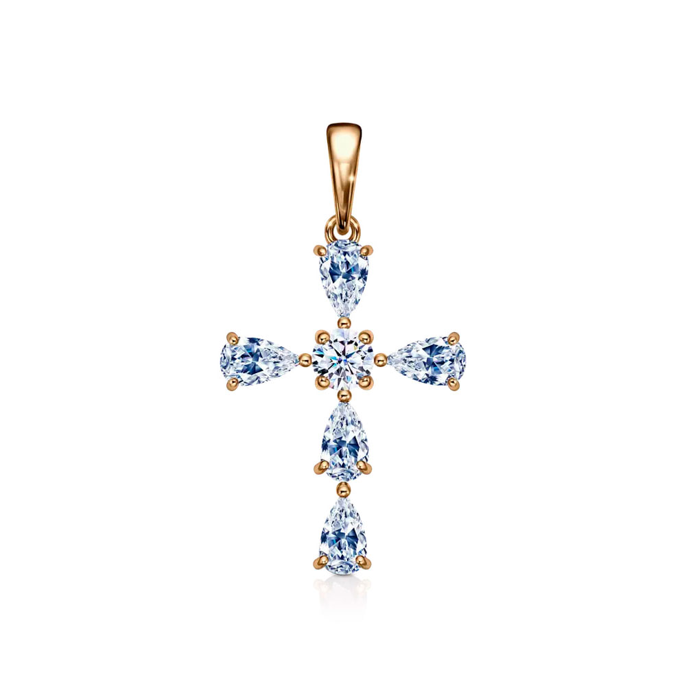 Cruce din aur roșu cu Cubic Zirconia Incolor