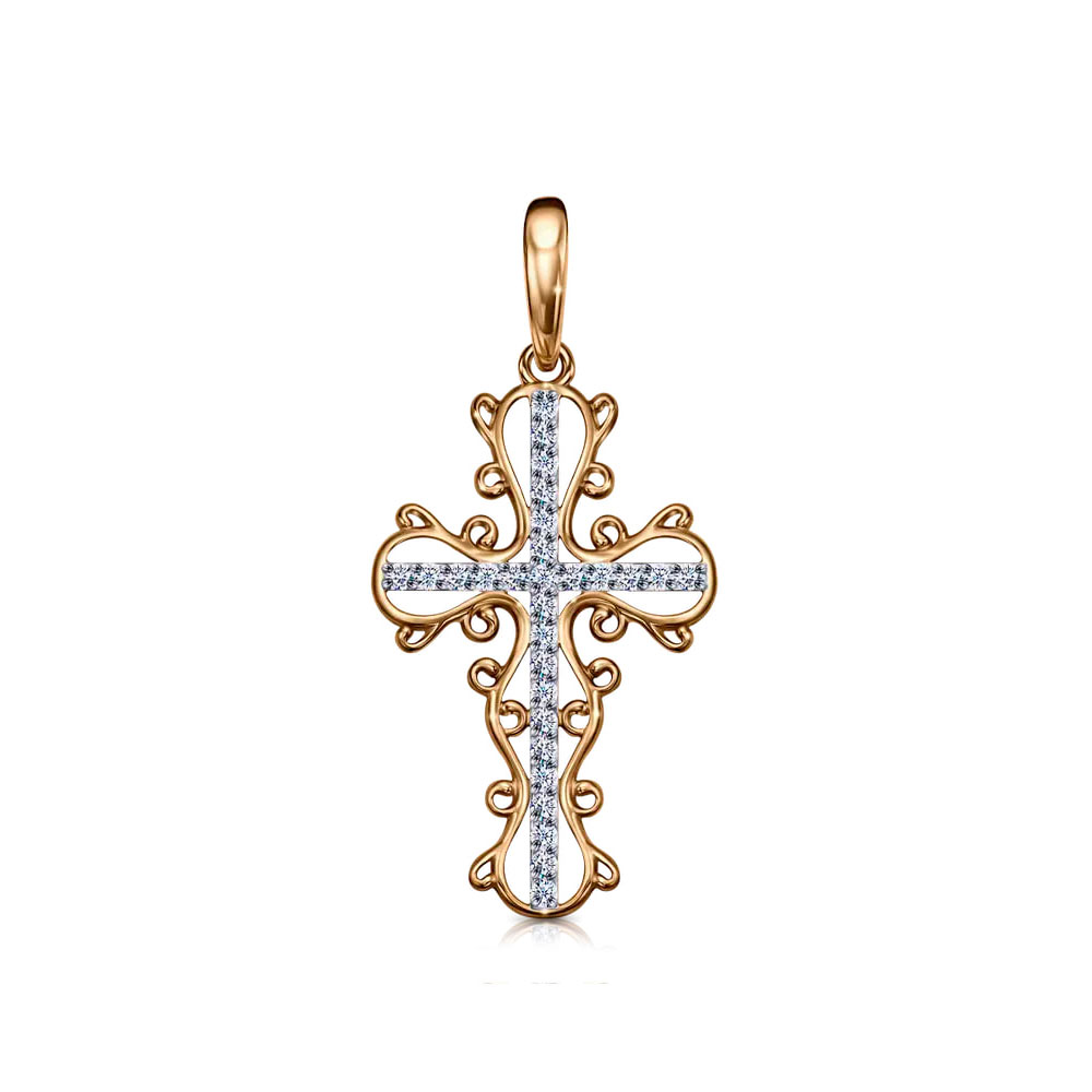 Cruce din aur roșu cu Cubic Zirconia Incolor
