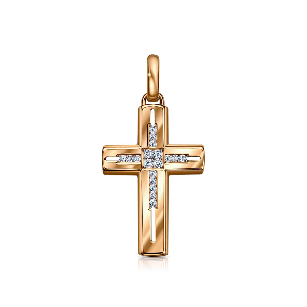 Cruce din aur roșu cu Cubic Zirconia Incolor