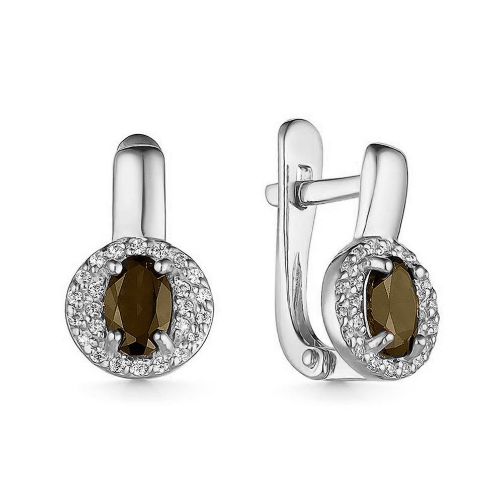 Серьги из белого золота с камнями Фианит, Кварц дымчатый