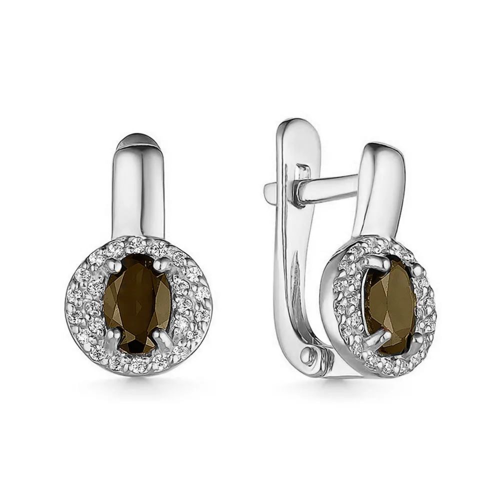 Cercei din aur alb cu Cubic Zirconia Incolor, Cuarț fumuriu