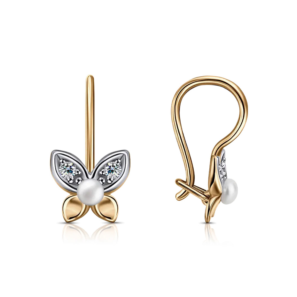 Cercei p-u copii din aur roșu cu pietre Cubic Zirconia Incolor, Perla Albă