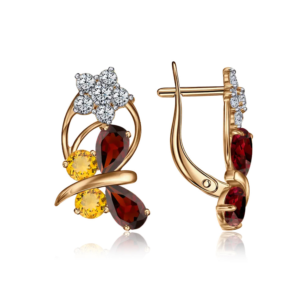 Серьги из красного золота с камнями Фианит, Фианит Красный и Фианит Жёлтый