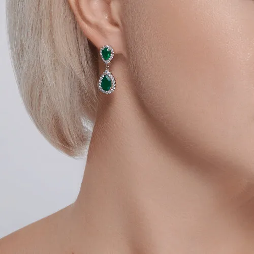 Cercei Suspendați din argint cu Cubic Zirconia Incolor, Agat verde